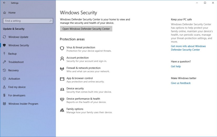 Windows Security settings on Windows 10 Spring Creators update