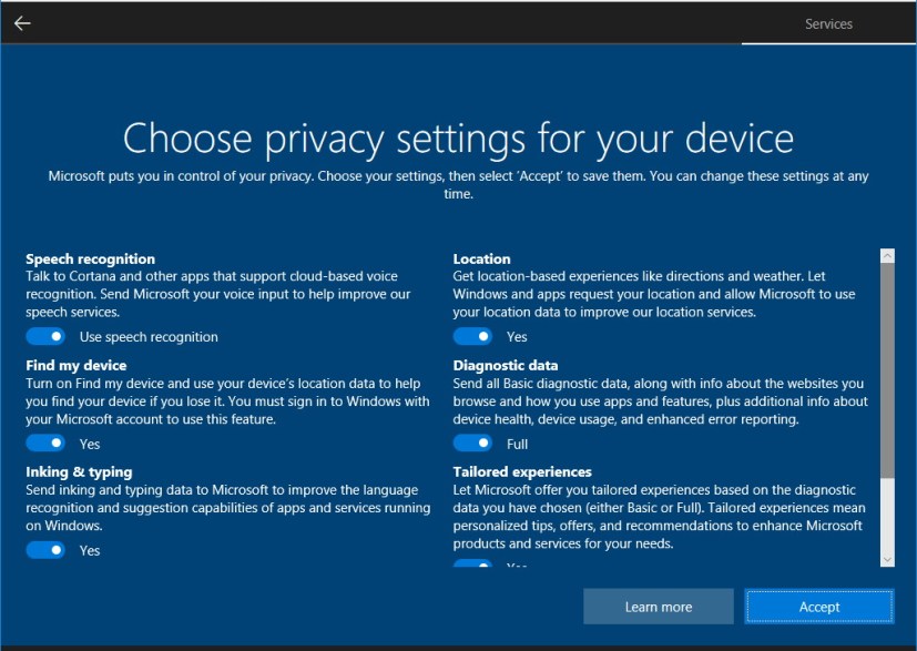 Privacy settings using Windows 10 setup (single screen)