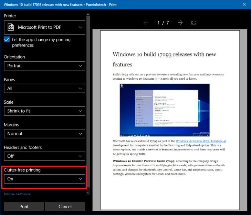 Clutter-free printing option in Microsoft Edge