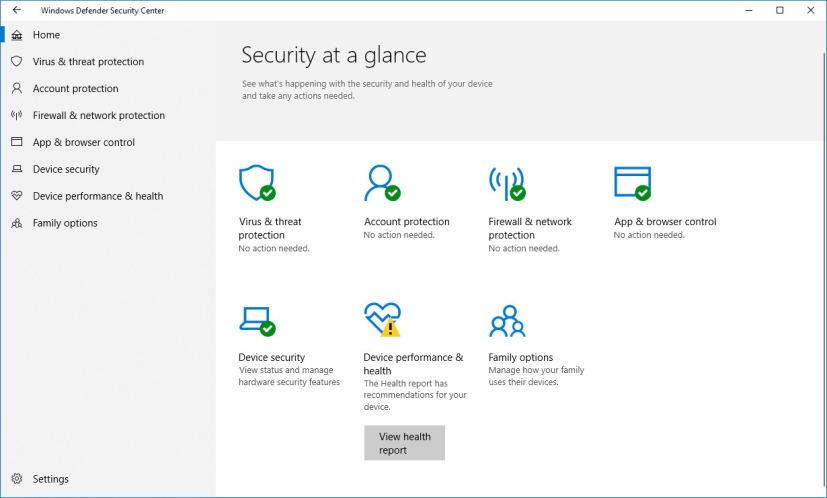 Home page for Windows Defender Security Center