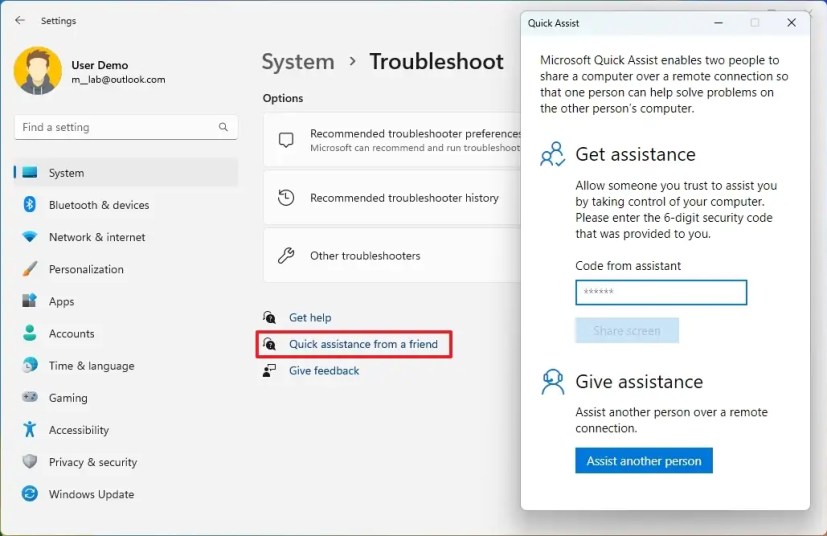 Troubleshooters Quick Assist option