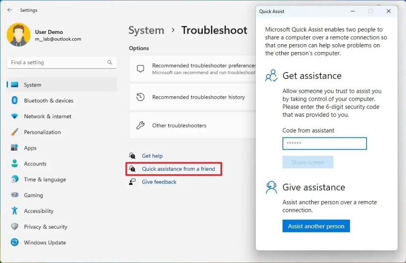 Troubleshooters Quick Assist option