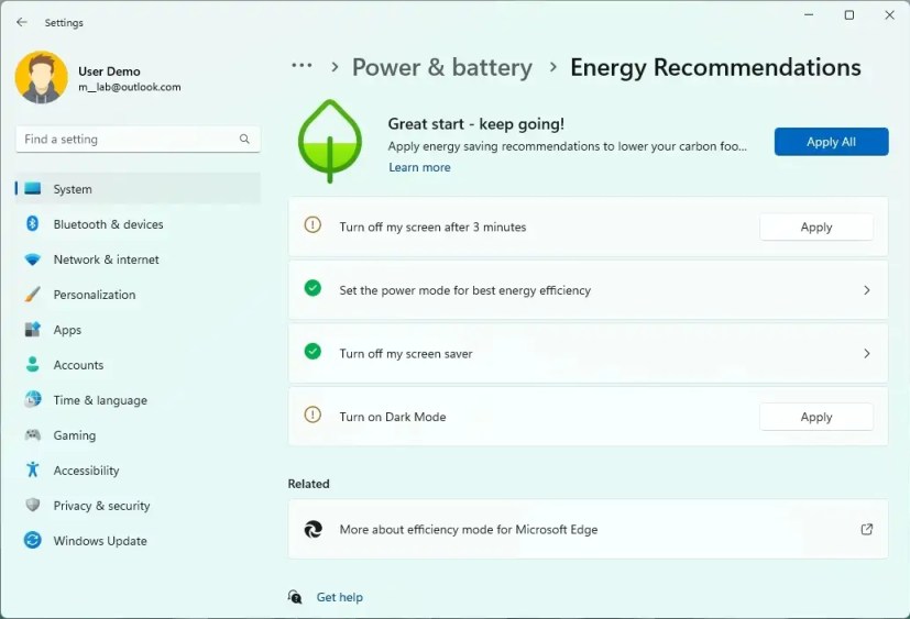 Windows 11 Energy Recommendations