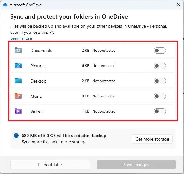 OneDrive desactiva la copia de seguridad de carpetas