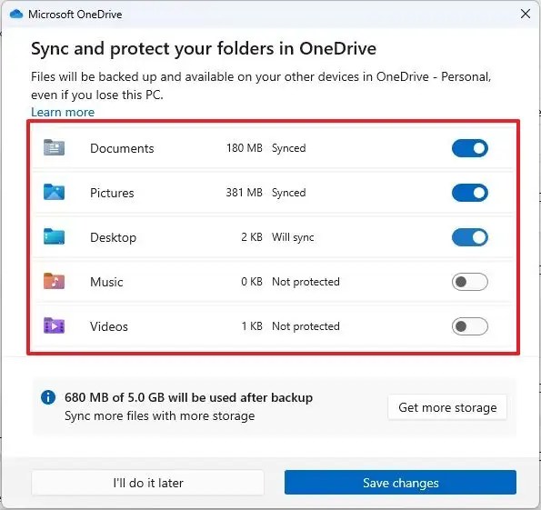Carpetas de copia de seguridad de OneDrive