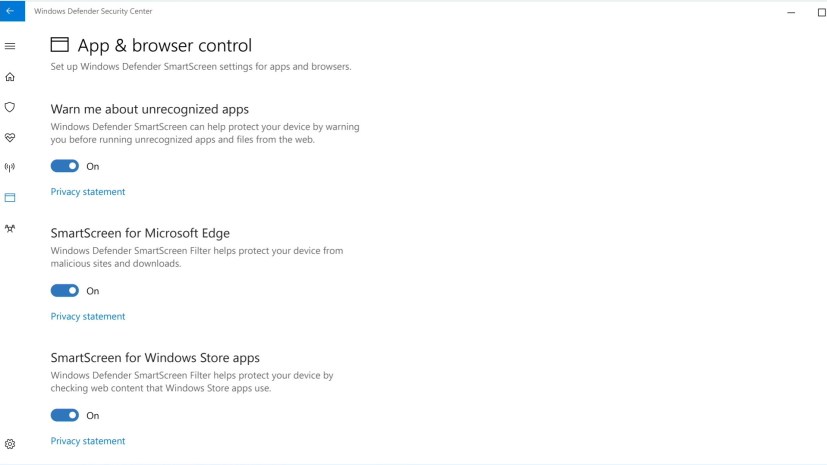 Configuración de control del navegador y la aplicación del centro de seguridad de Windows Defender