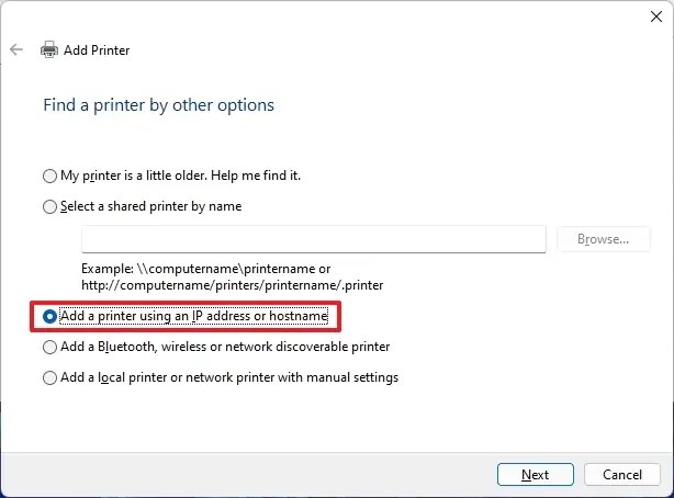 Agregue una impresora usando la dirección IP o el nombre de host