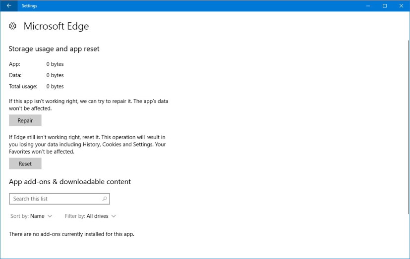 Opciones de restablecimiento y reparación de Microsoft Edge