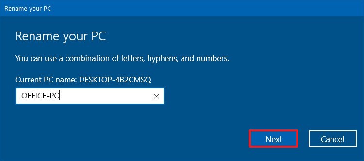 Cuadro de diálogo Cambiar el nombre de su PC de Windows 10
