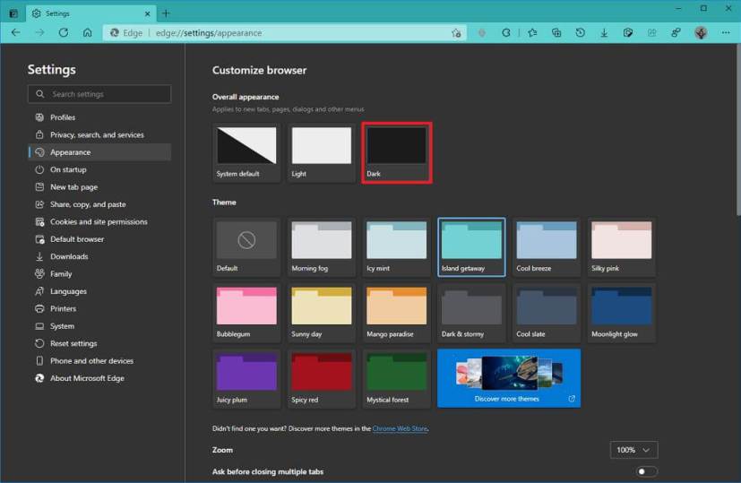 Configuración de color claro y oscuro de Microsoft Edge
