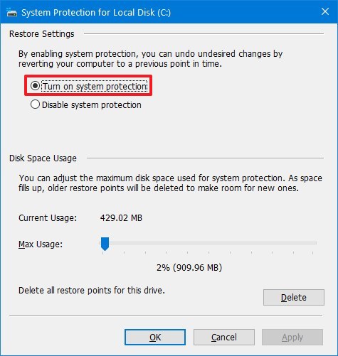 Habilitar puntos de restauración en Windows 10