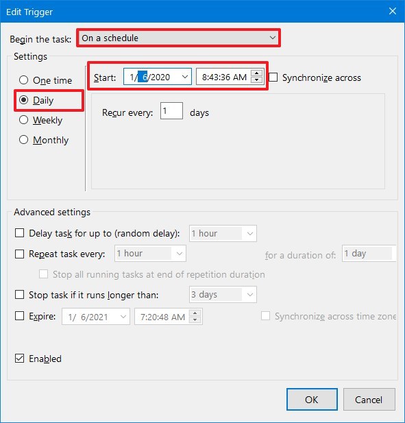 Configuración del programador de tareas en Windows 10