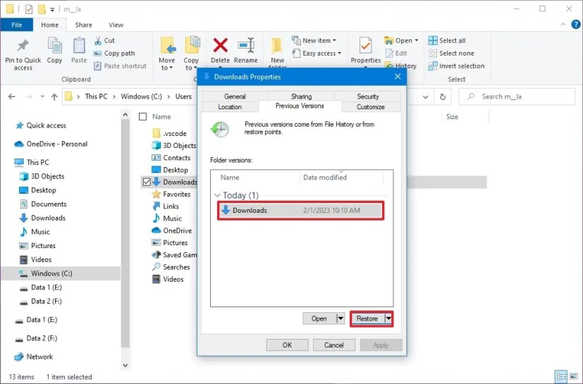 Windows 10 restaura el archivo a la versión anterior