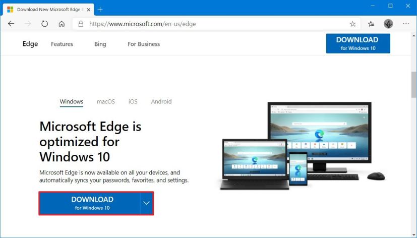 Página de descarga de la nueva versión de Microsoft Edge