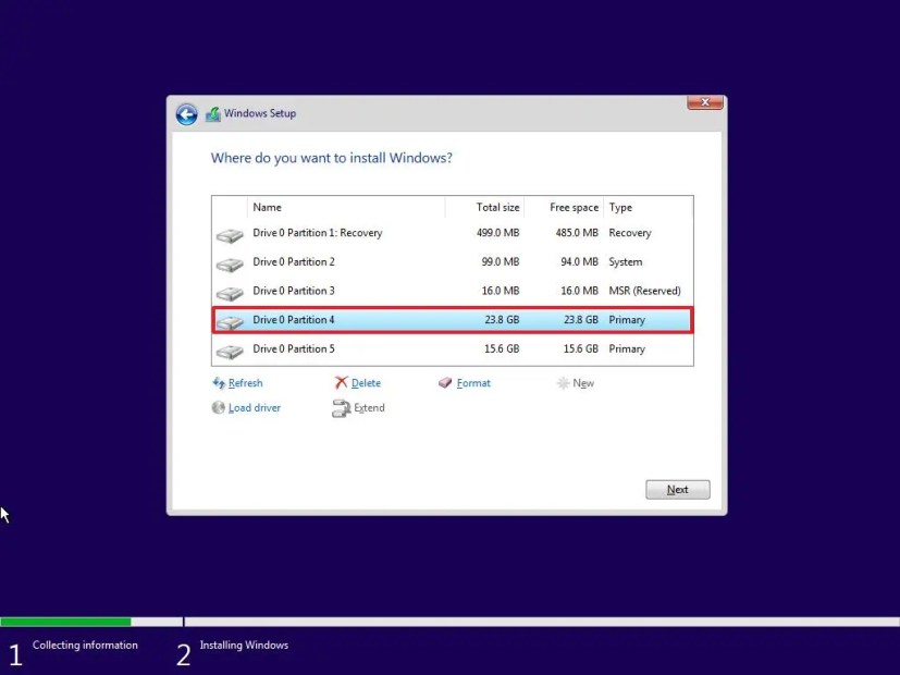 Seleccione la partición para instalar Windows 10