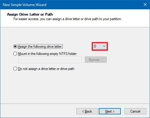 Asigne una letra de unidad a la nueva partición en Windows 10