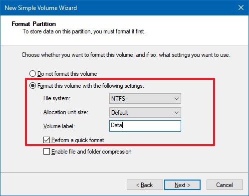 Nueva configuración de formato de partición en Windows 10