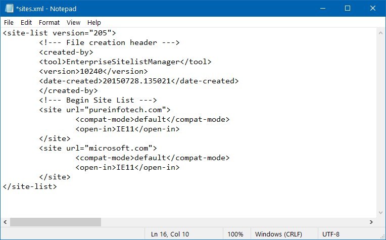 Ejemplo de xml de sitios en modo Microsoft Edge IE