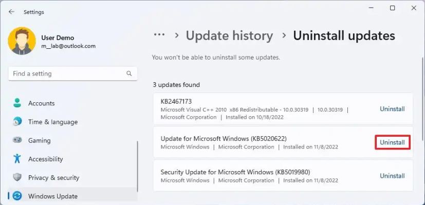 Actualización de desinstalación de Windows 11