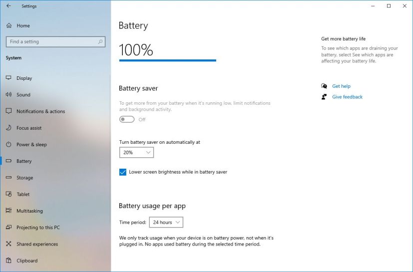 Battery settings on Windows 10 2004
