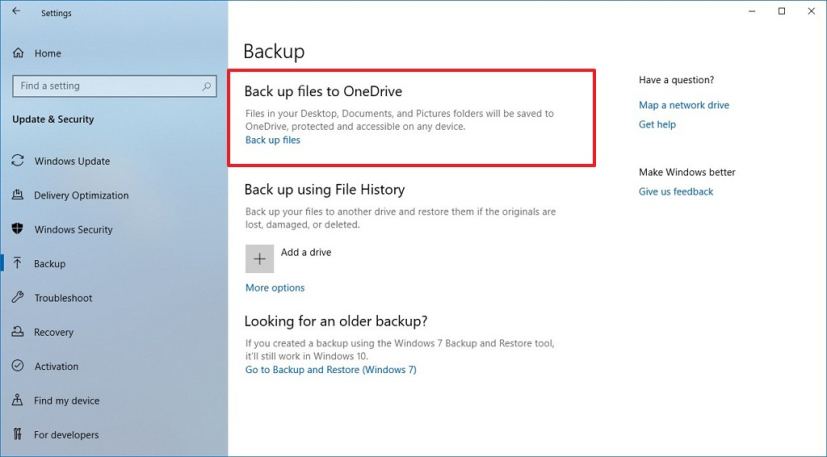 Backup settings with option to backup files to OneDrive