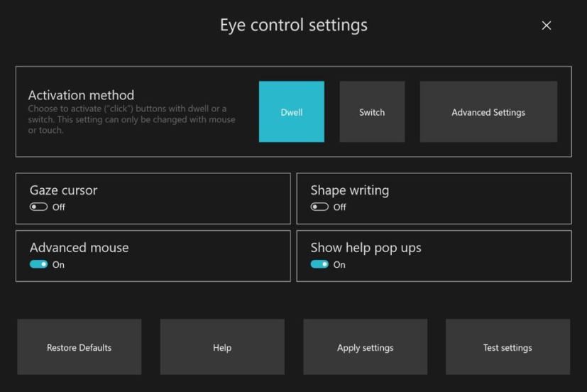 Eye Control settings on Windows 10 20H1