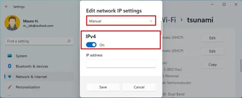 Opción para habilitar IP estática