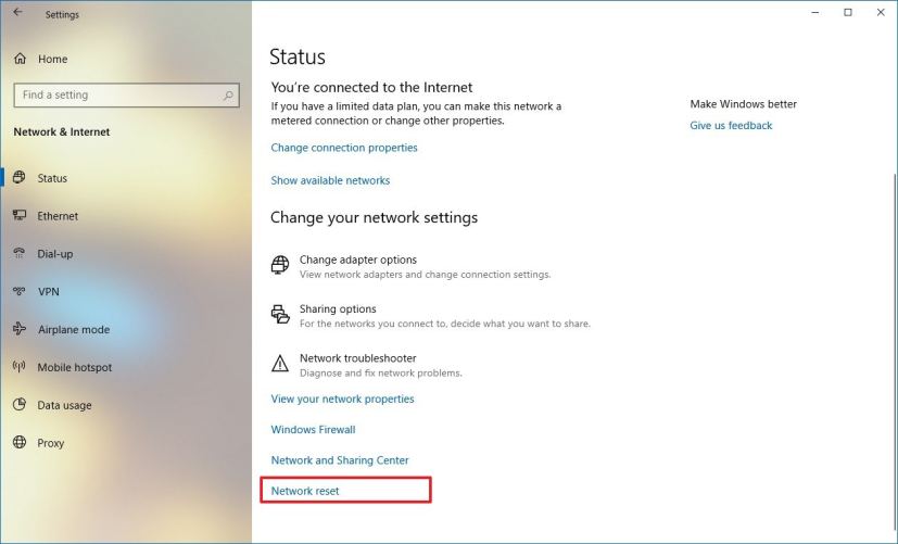 Configuración de estado, restablecimiento de red en Windows 10