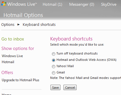 Hotmail - Opciones de atajos de teclado
