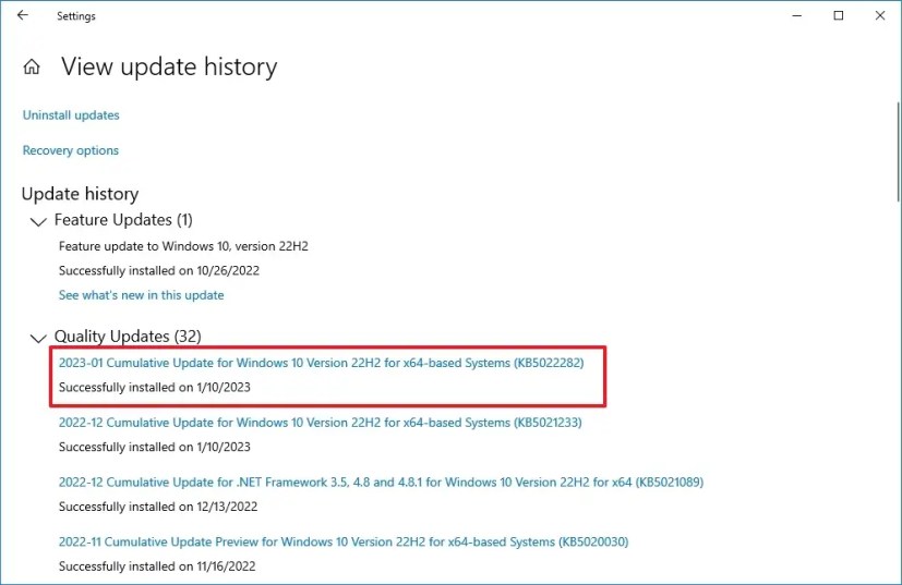 Historial de actualizaciones de Windows en la aplicación Configuración