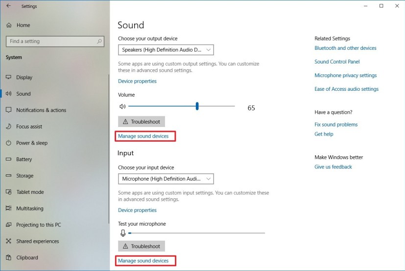 Configuración de sonido en Windows 10 versión 1809