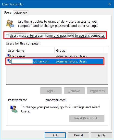 Configuración de netplwiz en Windows 10