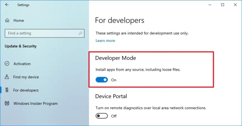 Windows 10 habilita el modo desarrollador 