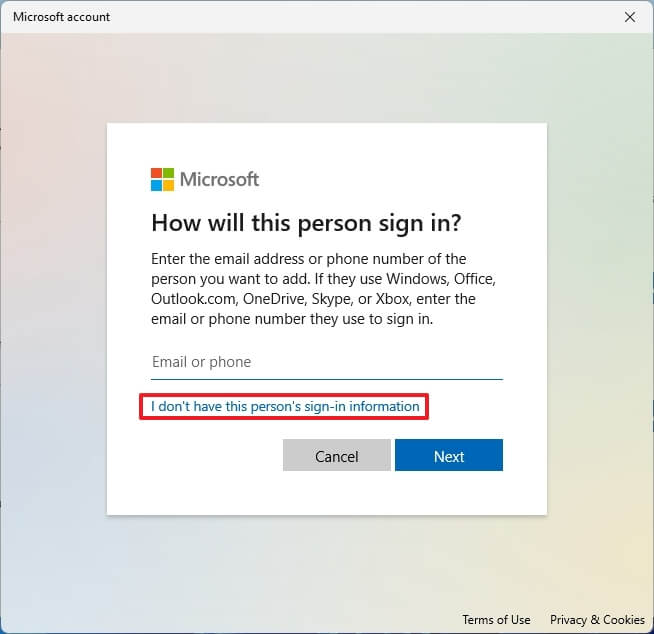 Omitir la opción de cuenta de Microsoft
