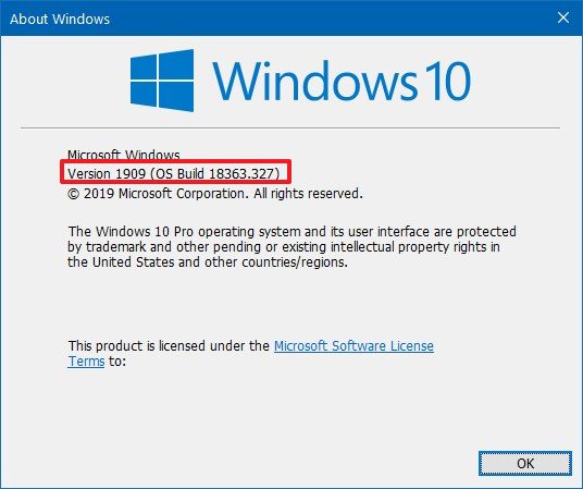 Verifique Windows 10 versión 1909 usando el comando winver